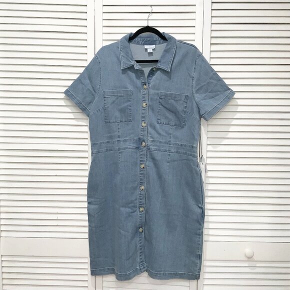Liz Claiborne Denim Collard Short Sleeve Button Down Dress Size 16 - Picture 1 of 4